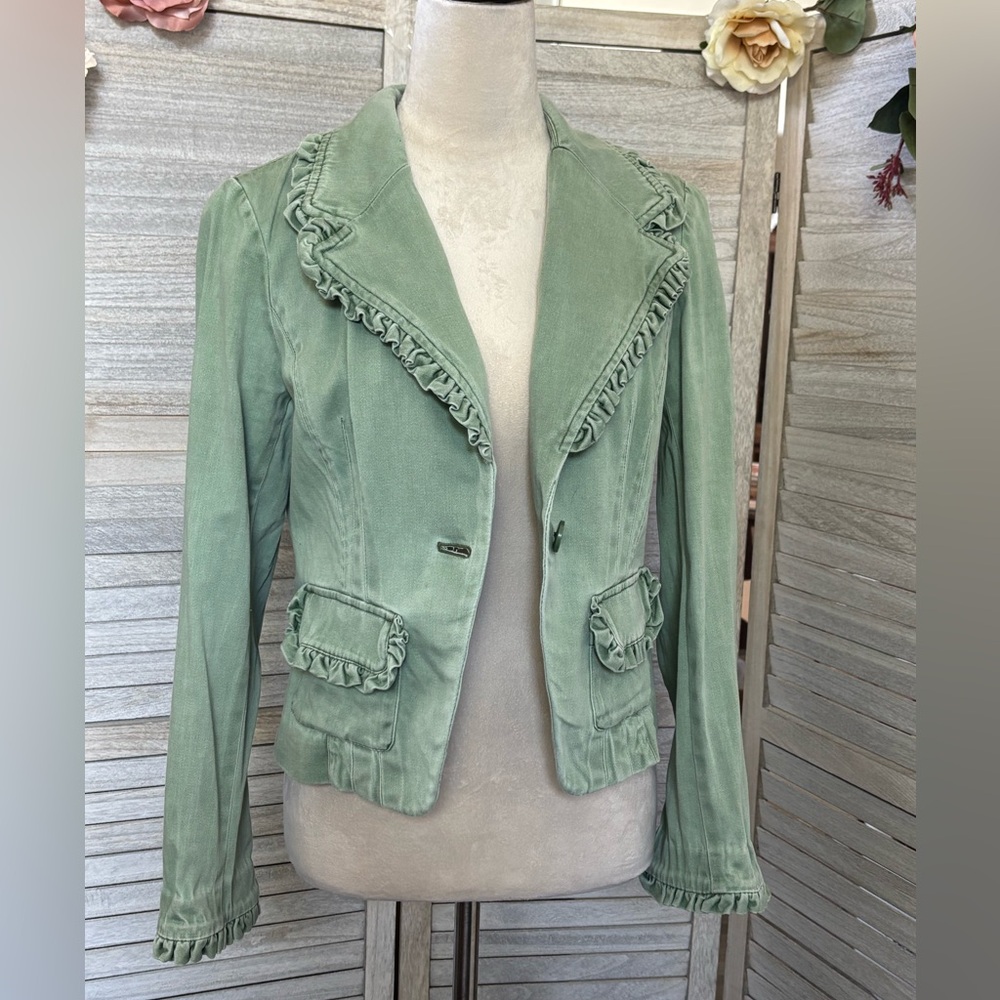 INC Women’s SZ S Vintage Cropped Blazer w/Ruffled Collar/Pockets/Cuffs LightSage - Picture 5 of 16